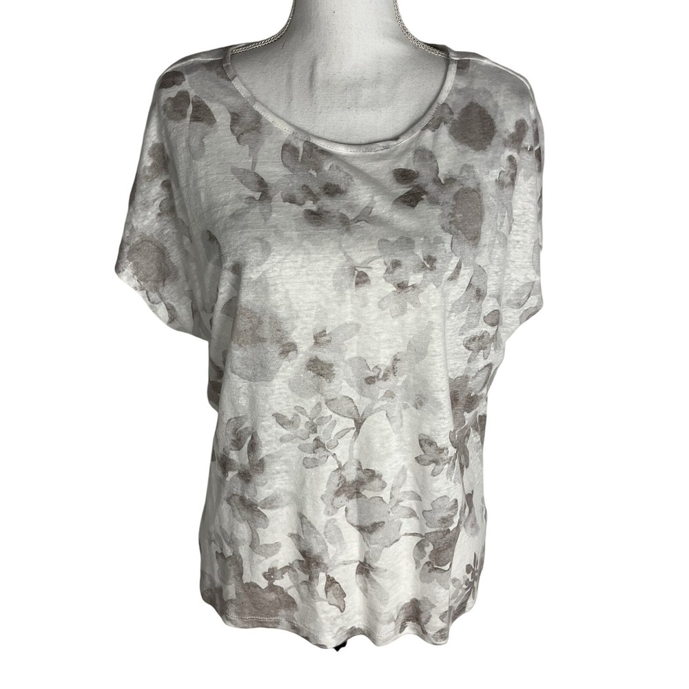 Cynthia Rowley 100% Linen Gray White Floral Cap Sleeves Top Size L